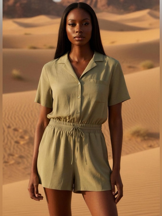 Athleta Pants - Athleta Avenue Olive Green Short-Sleeve One-Piece Romper with Drawstring Size M